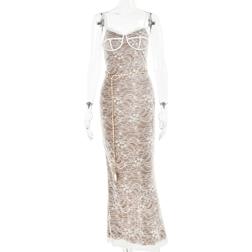 New Spring Lace Stitching Backless Slit Elegant Maxi Dress
