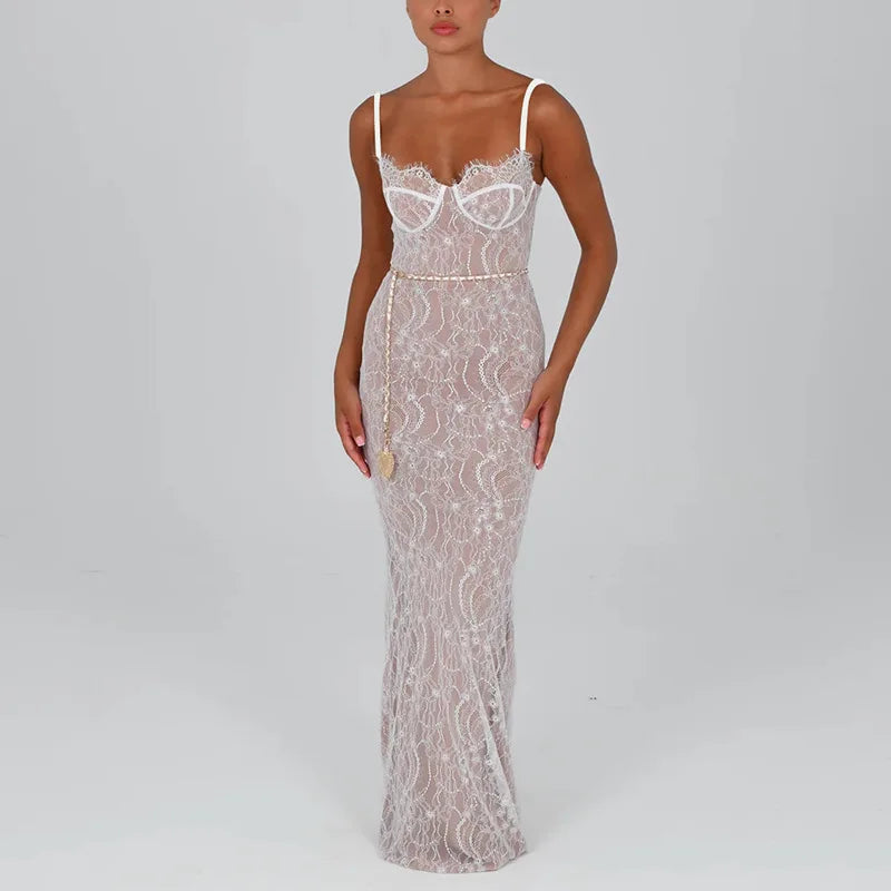 New Spring Lace Stitching Backless Slit Elegant Maxi Dress