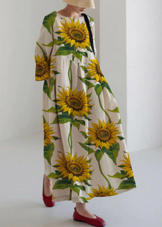 Apricot-Print1 Cotton Dresses Pockets Patchwork Fall