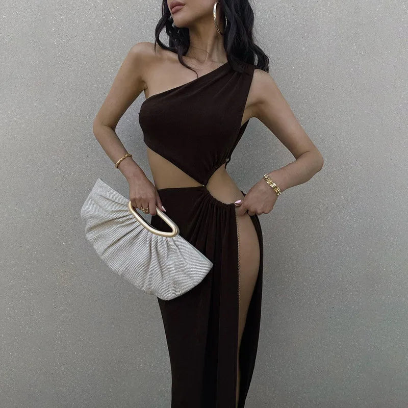 Hollow Oblique Shoulder Midi Dress - View 2 | VelvetHem