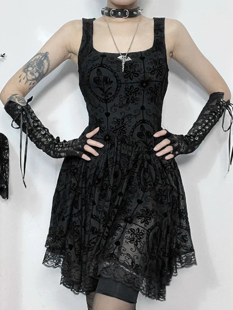 2024 Summer New Harajuku Retro  Wrapped Hip Mini Dress Y2K Vintage Gothic Punk Dark Style Tie Up A-Line Dress