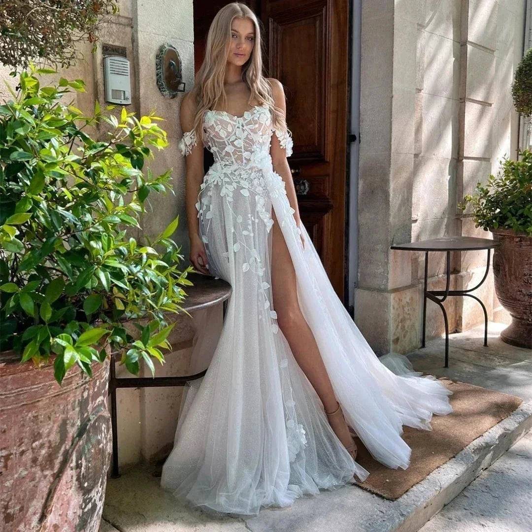 Vintage Lace Applique Wedding Dresses A Line Sweetheart Off The Shoulder Ball Gowns Sexy Side Slit Formal Beach Party Gala by payinti