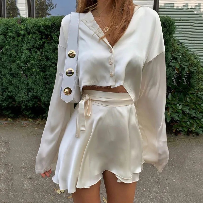DressBetty - White Elegant Satin  Crop Lantern Long Sleeve Mini Tennis Sports Skirt