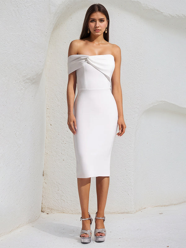 White Stretch Crepe One Shoulder Sleeveless Tea Length Dress With Slit