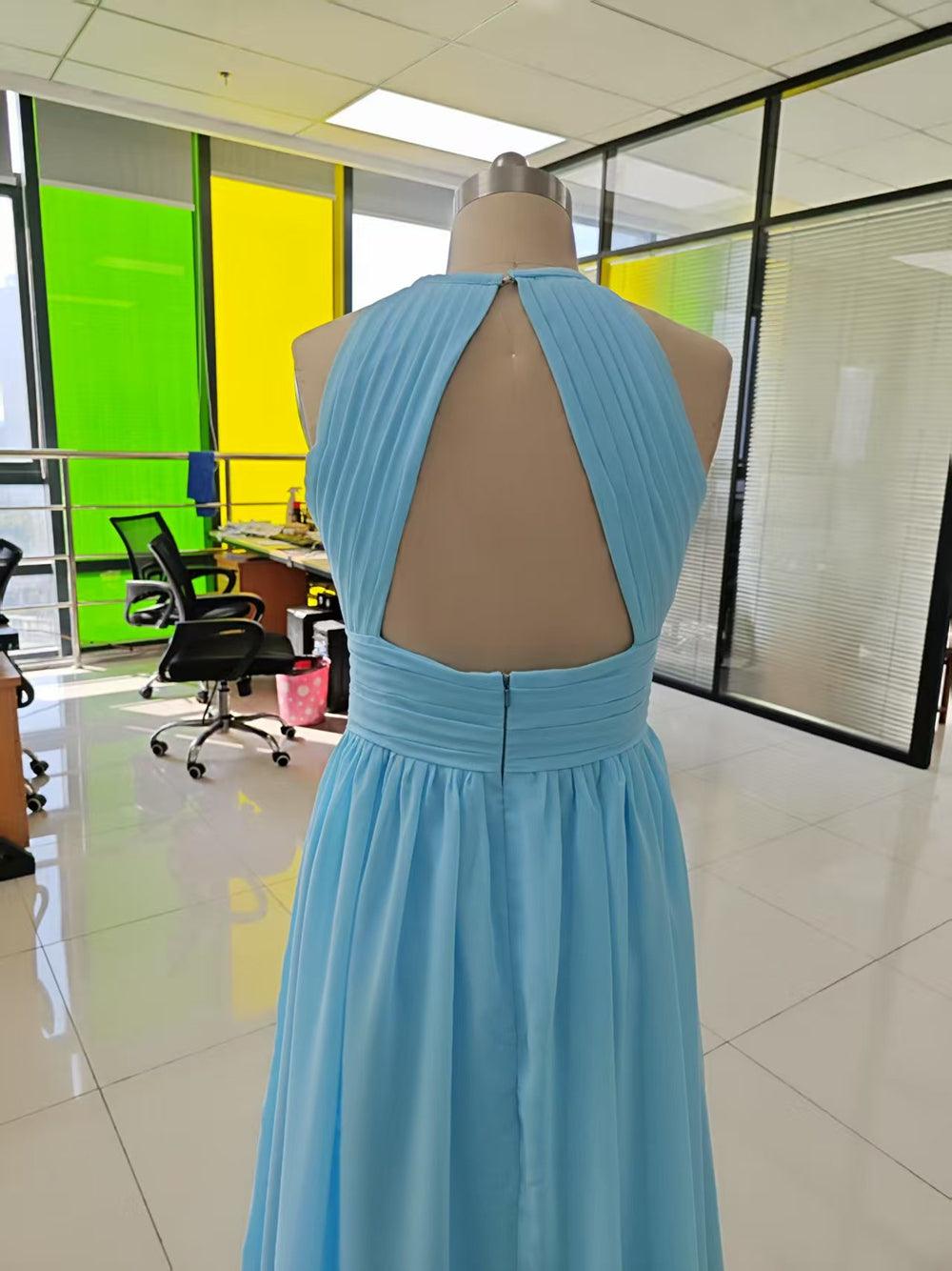 Chiffon Floor Length Prom Dresses A-Line Halter Open Back Pleats - View 9 | VelvetHem