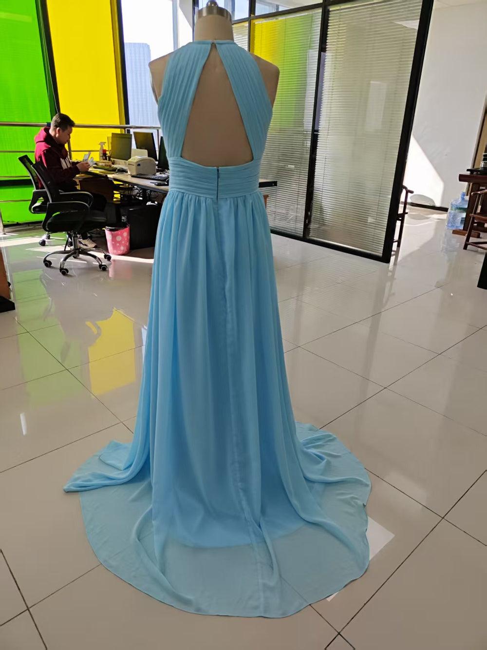 Chiffon Floor Length Prom Dresses A-Line Halter Open Back Pleats - View 8 | VelvetHem