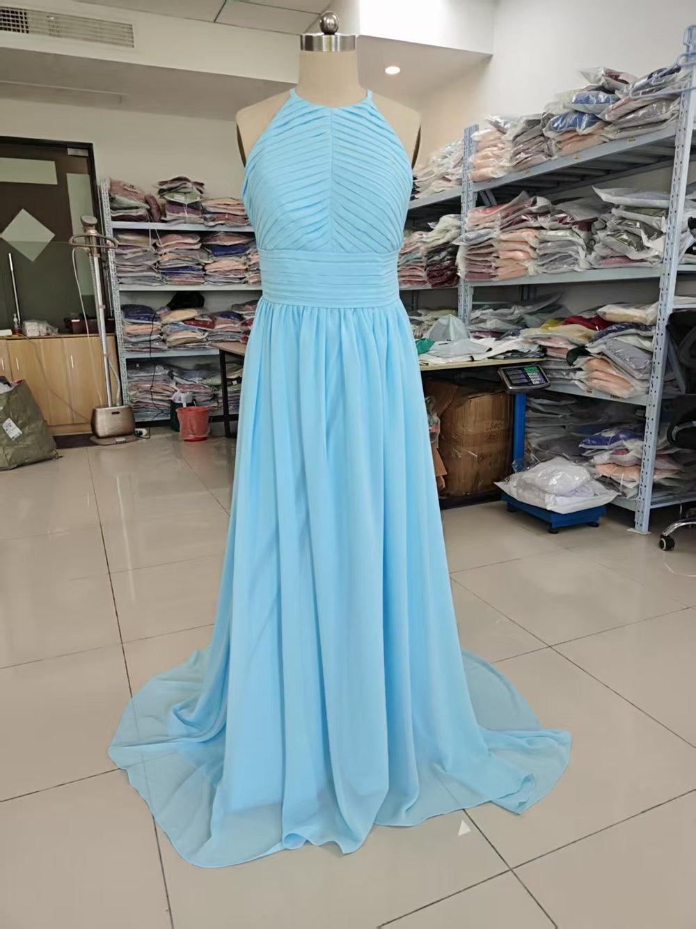 Chiffon Floor Length Prom Dresses A-Line Halter Open Back Pleats - View 11 | VelvetHem