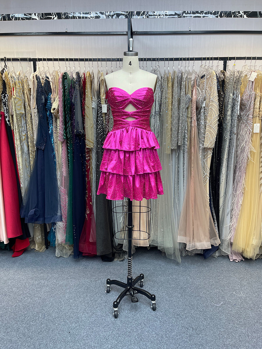A-Line Strapless Sweetheart Satin Homecoming Dress with Keyhole - View 9 | FashionDia