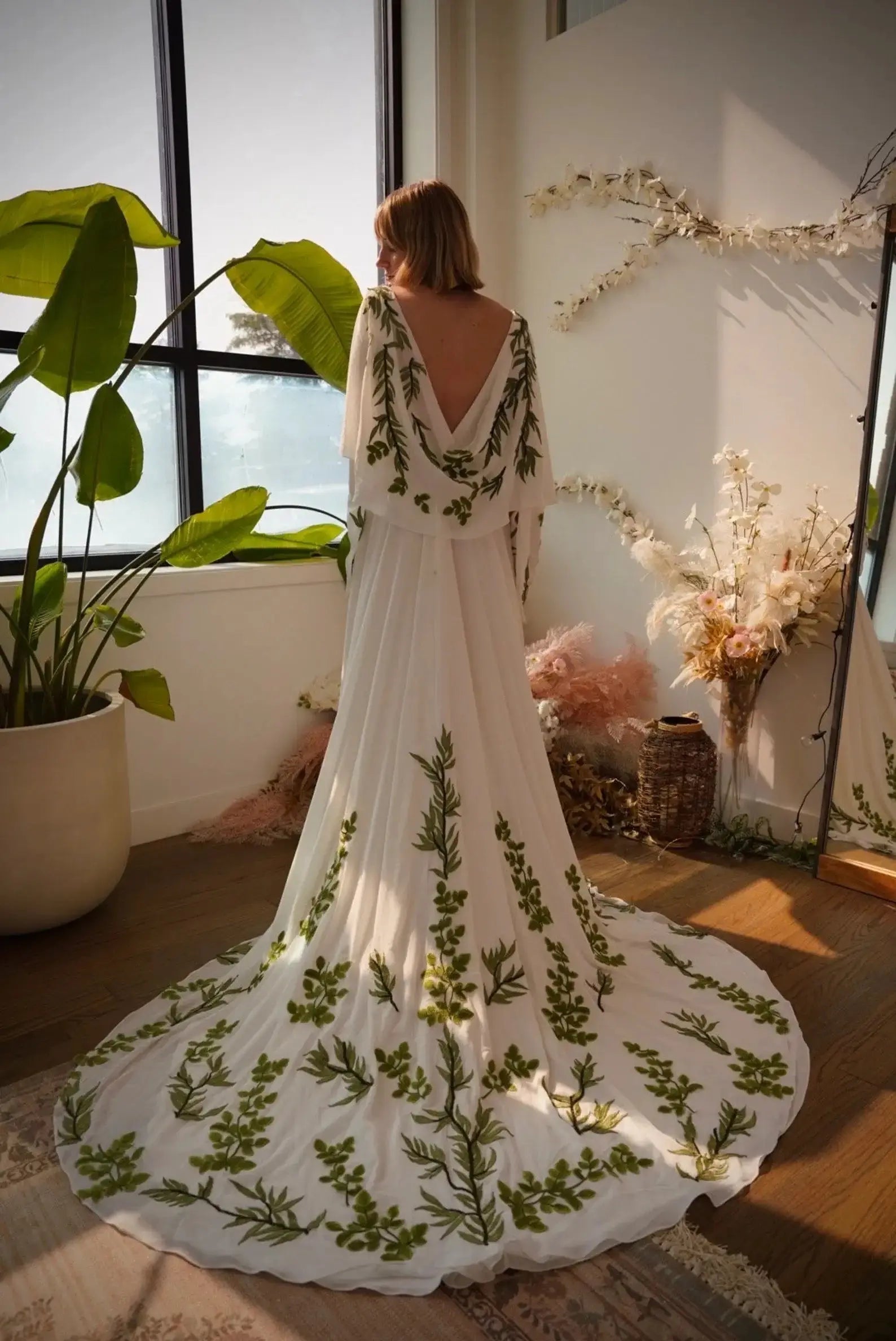 Luxury White & Green Botanical Print Cape Boho Train Wedding Dress ZP160