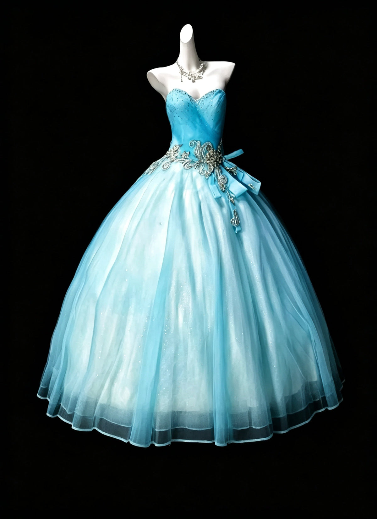 Shiny Blue Ball Gown Sweetheart Neck Tulle Beaded Sweet 16 Dress D3623