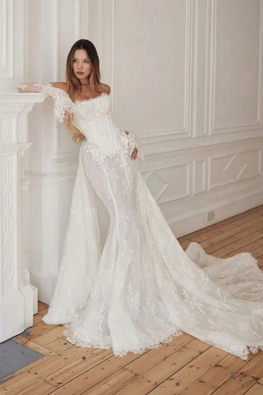 White Lace Applique Corset Bridal Gown with Cathedral Train ZP204