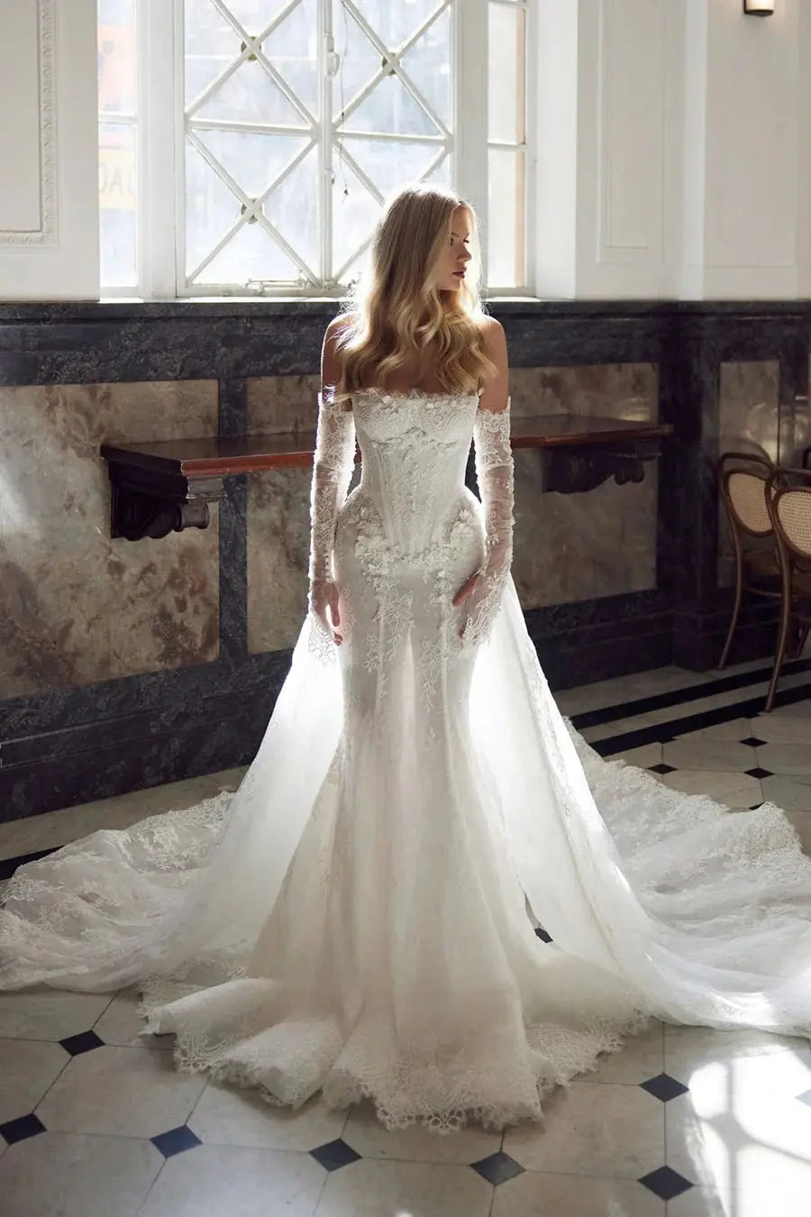 White Lace Applique Corset Bridal Gown with Cathedral Train ZP204
