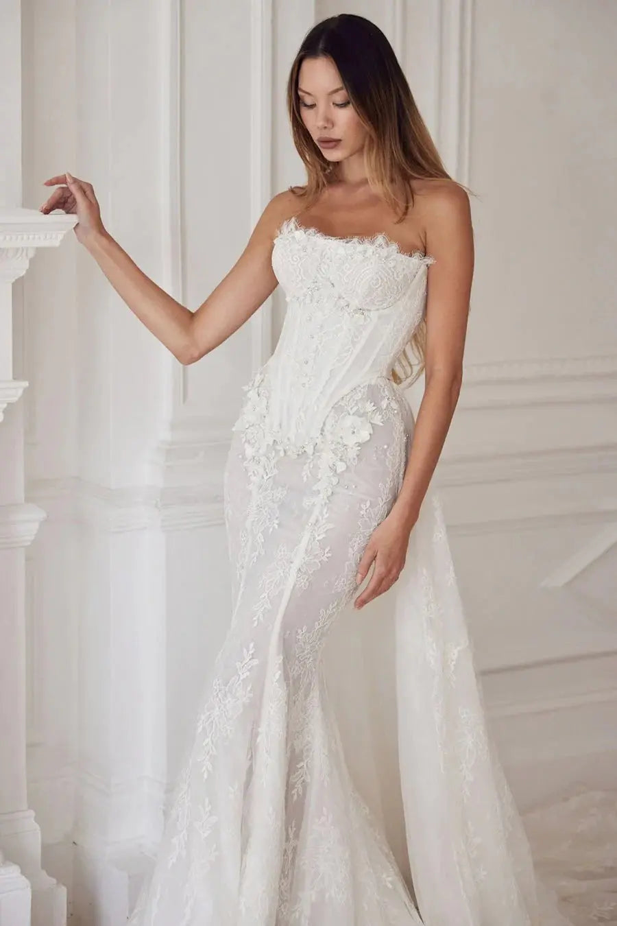 White Lace Applique Corset Bridal Gown with Cathedral Train ZP204