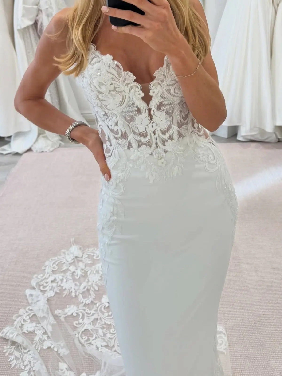 Lace Applique Plunging V-Neck Low Back Elegant Fitted Satin Wedding Dress