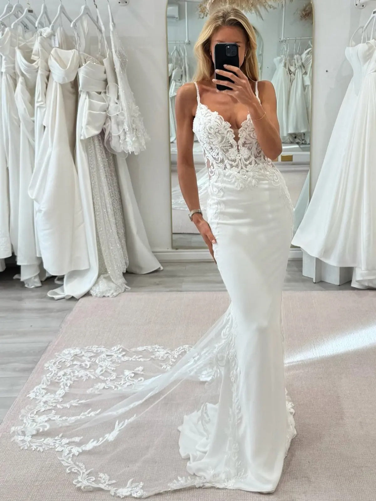 Lace Applique Plunging V-Neck Low Back Elegant Fitted Satin Wedding Dress