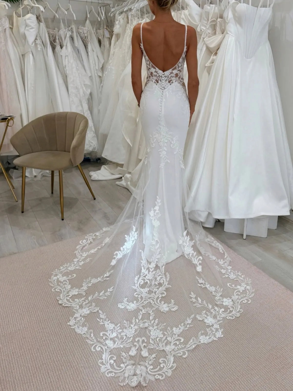 Lace Applique Plunging V-Neck Low Back Elegant Fitted Satin Wedding Dress