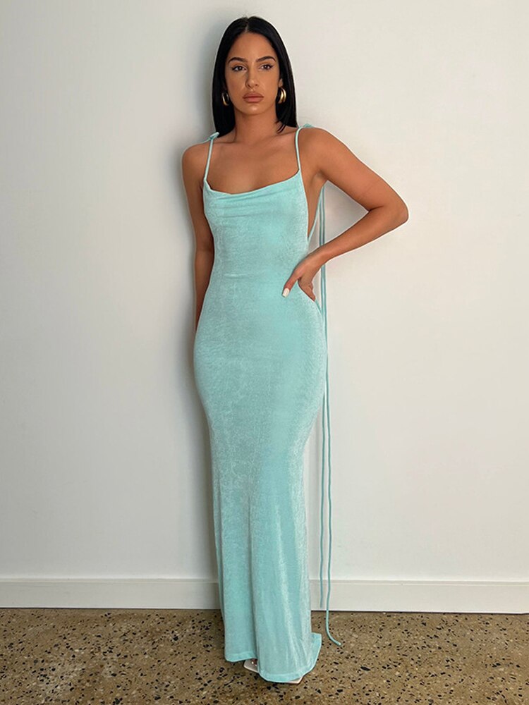 Tossy Women Sexy Swing Collar Backless Sleeveless Maxi Prom Dress Drawstrings Elegant Bodycon Solid Party Dresses 2022 Summer - View 5 | VelvetHem