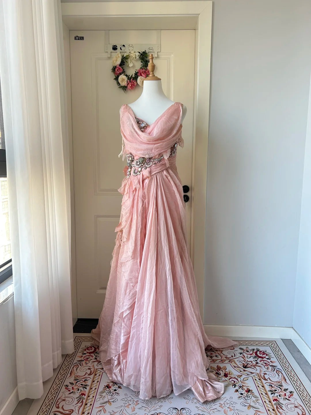 Vintage Pink A-line Rhinestone Beaded Chiffon Long Prom Dress Evening Dress - VelvetHem