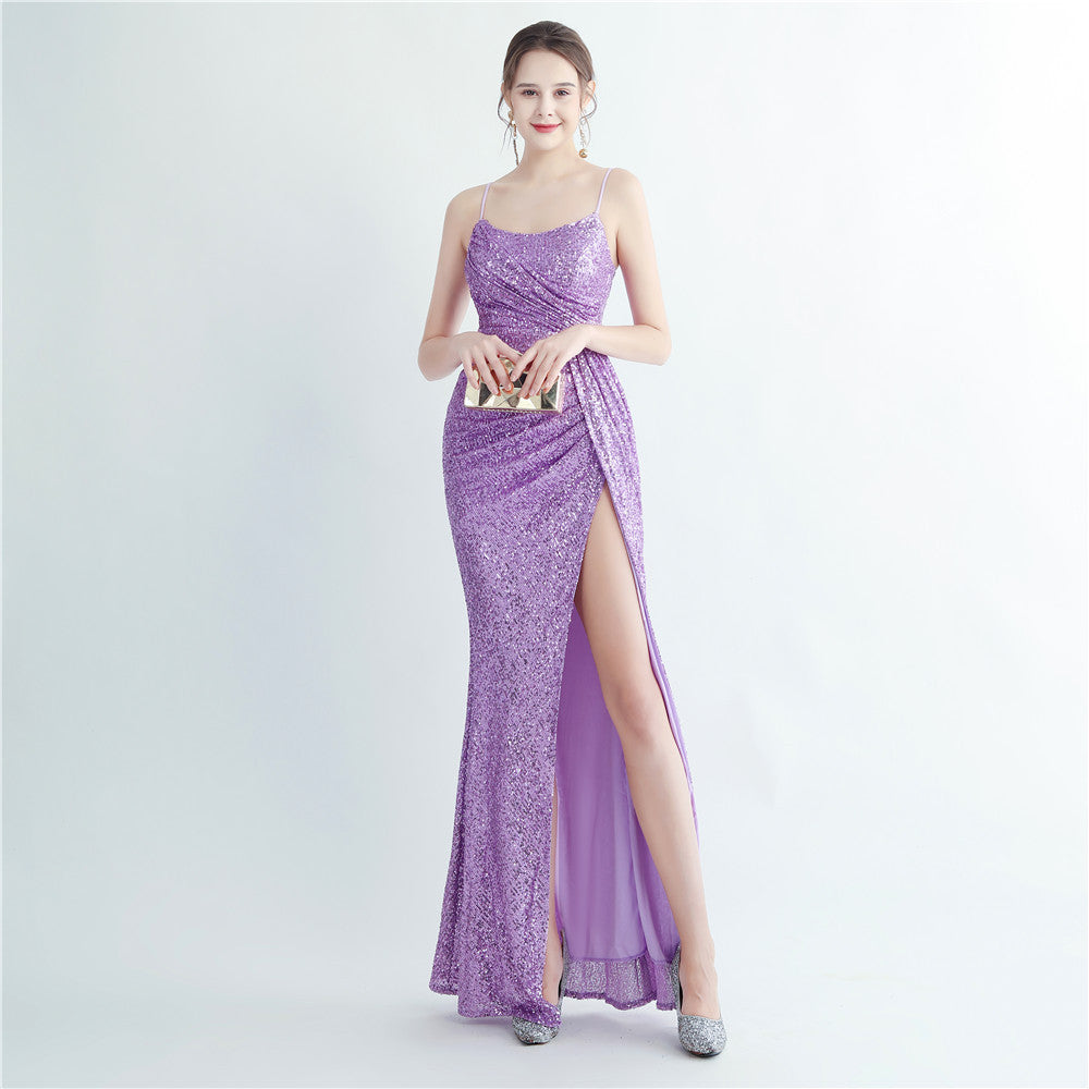 High Density Sequin Pleated Side Slit Sling Long Evening Dress - View 8 | VelvetHem