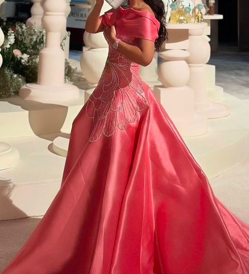 Beautiful Off The Shoulder Satin Beaded Pink Long Prom Dress Evening Gown
