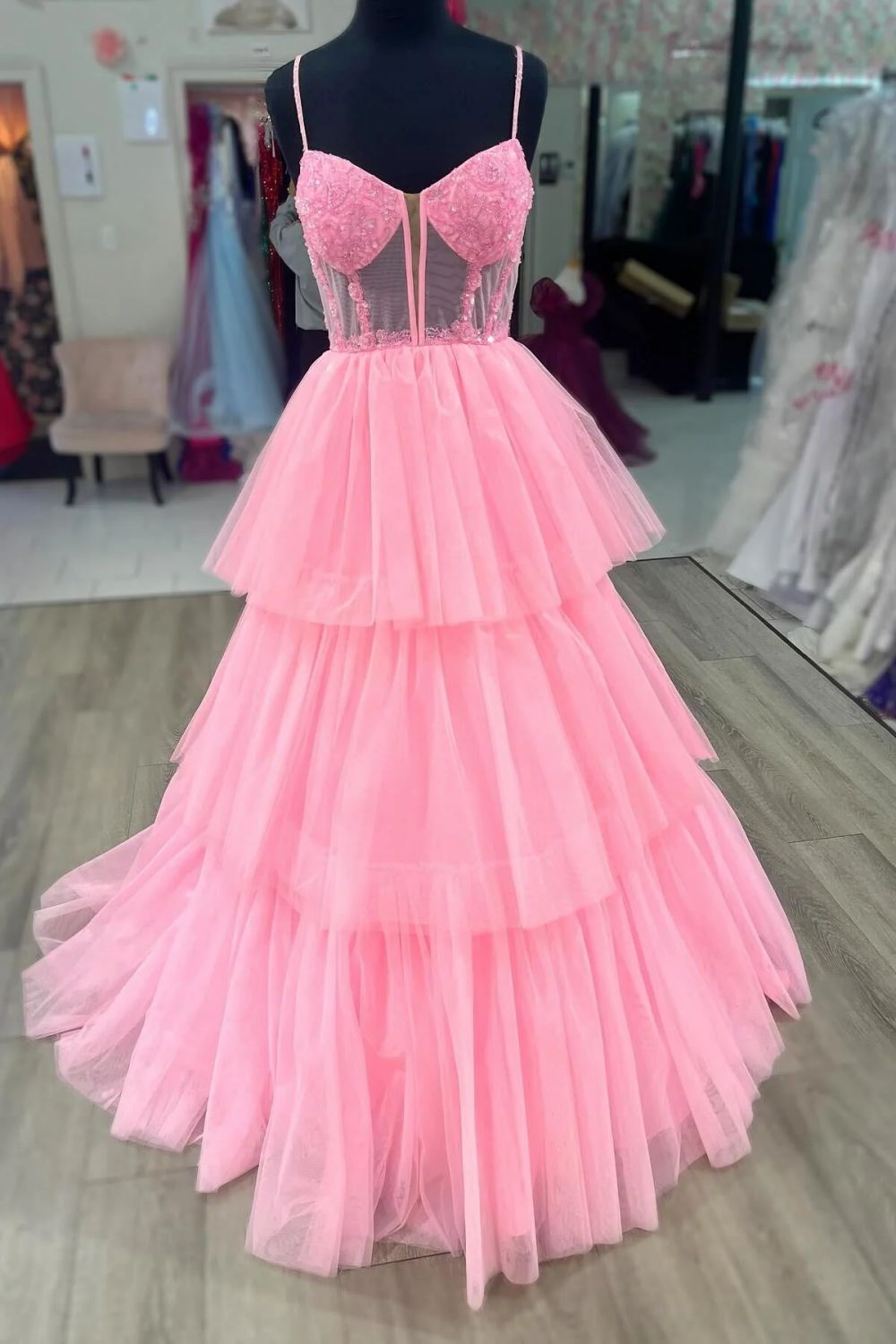 Charming A-Line Spaghetti Straps Pink Corset Prom Dress with Appliques - FashionDia