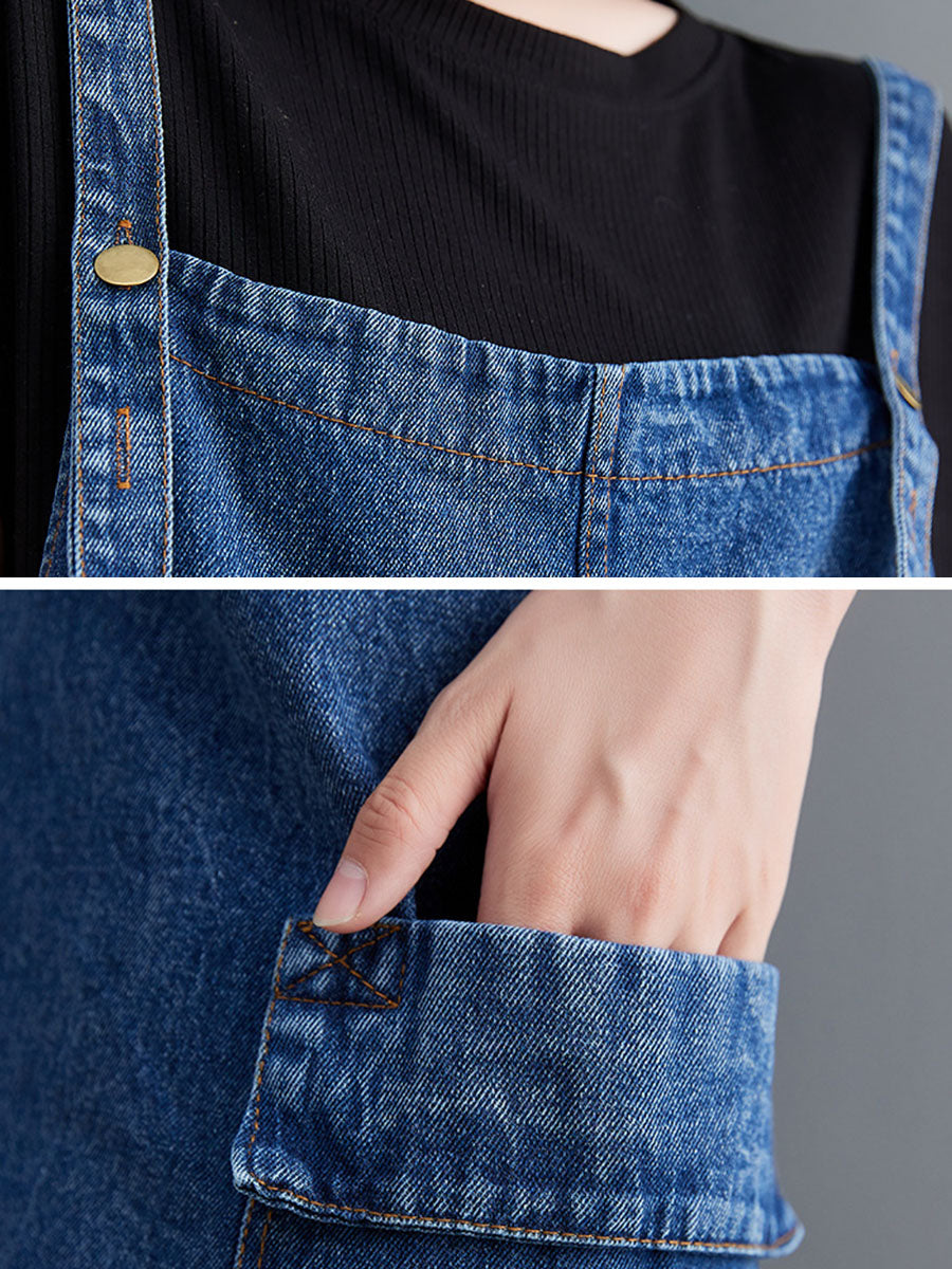 Women Summer Casual Washed Spliced Denim Overall Dress
