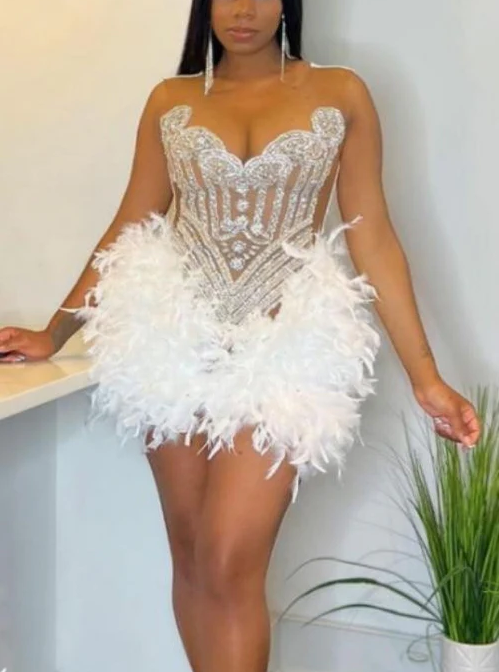 Luxury Feather Beaded Sweetheart Neckline Mini Cocktail Dress Pink Short Party Dress Homecoming Dress - View 6 | FashionDia