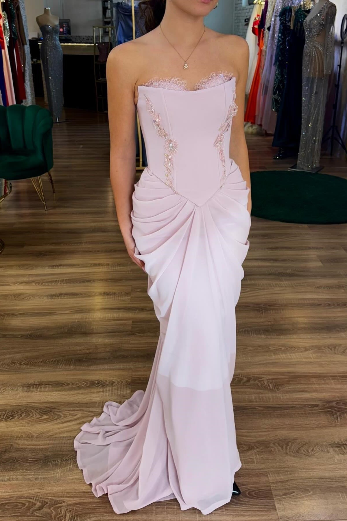 Princess Mermaid Strapless Pink Corset Long Party Dress with Ruffles