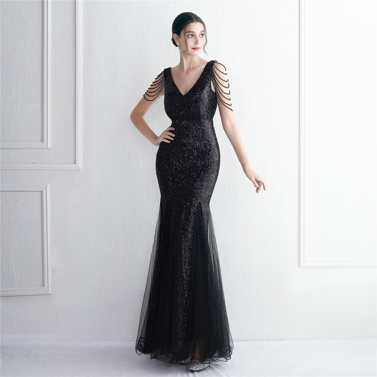 Sequin Mesh Craft Beaded Party Dress: Elegant Long Cocktail Slim Fit Evening Dress - View 5 | VelvetHem