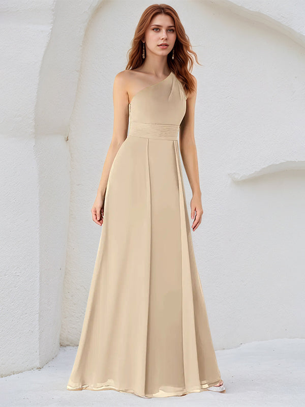 Champagne A Line Chiffon One Shoulder Sleeveless Floor Length Bridesmaid Dresses