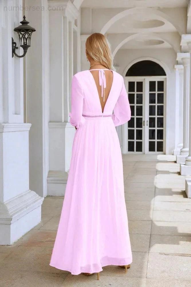 Ladies V Neck Chiffon Long Sleeve Front Slit Bridesmaid Evening Dress Wedding Party Shopping Evening Dress 28109 (ZD16991)