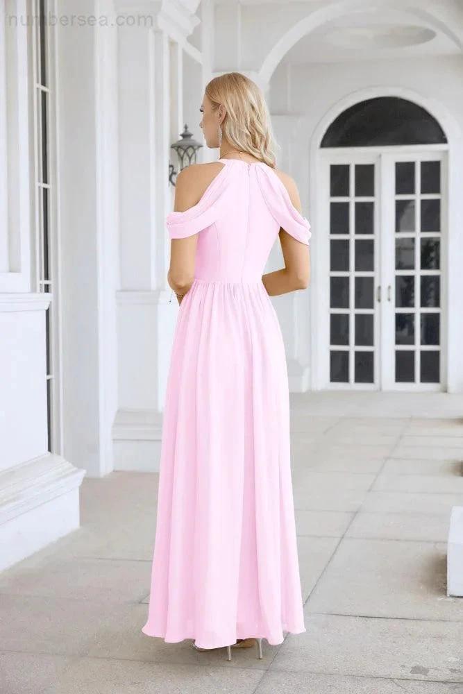 Ladies Chiffon Off Shoulder Swing Sleeve Front Slit Bridesmaid Evening Dress Wedding Party Evening Dress 28117 (ZD17011)