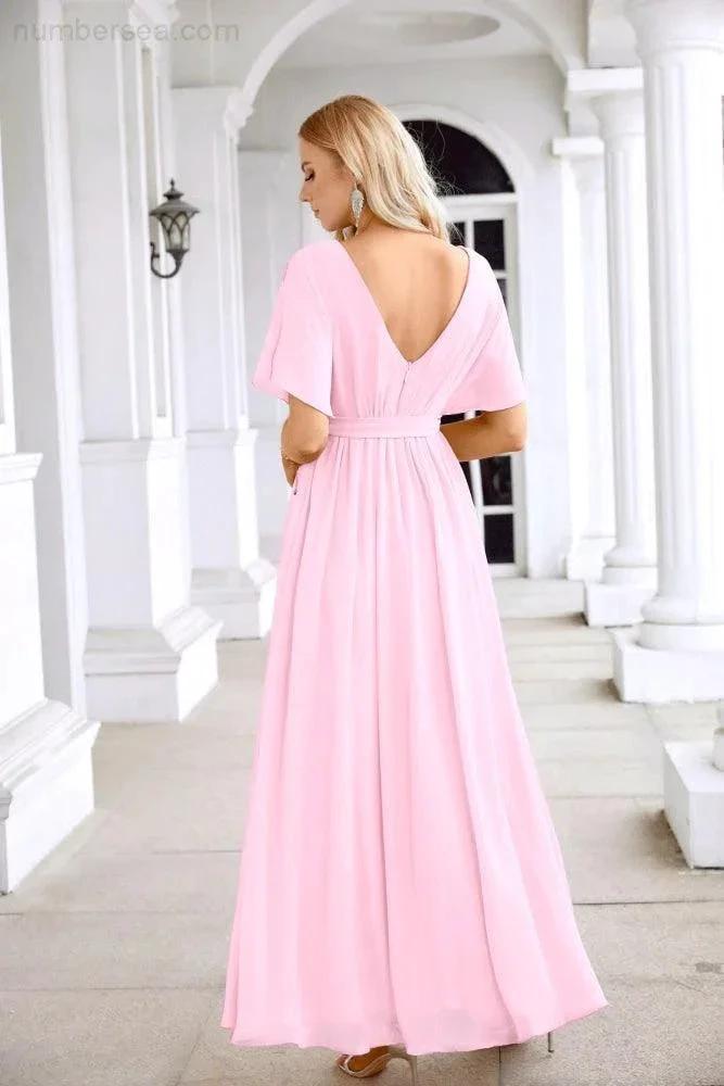 Ladies Chiffon Sleeve Crew Neck Front Slit Floor Length Bridesmaid Evening Dress Wedding Party Evening Dress 28124 (ZD17007)