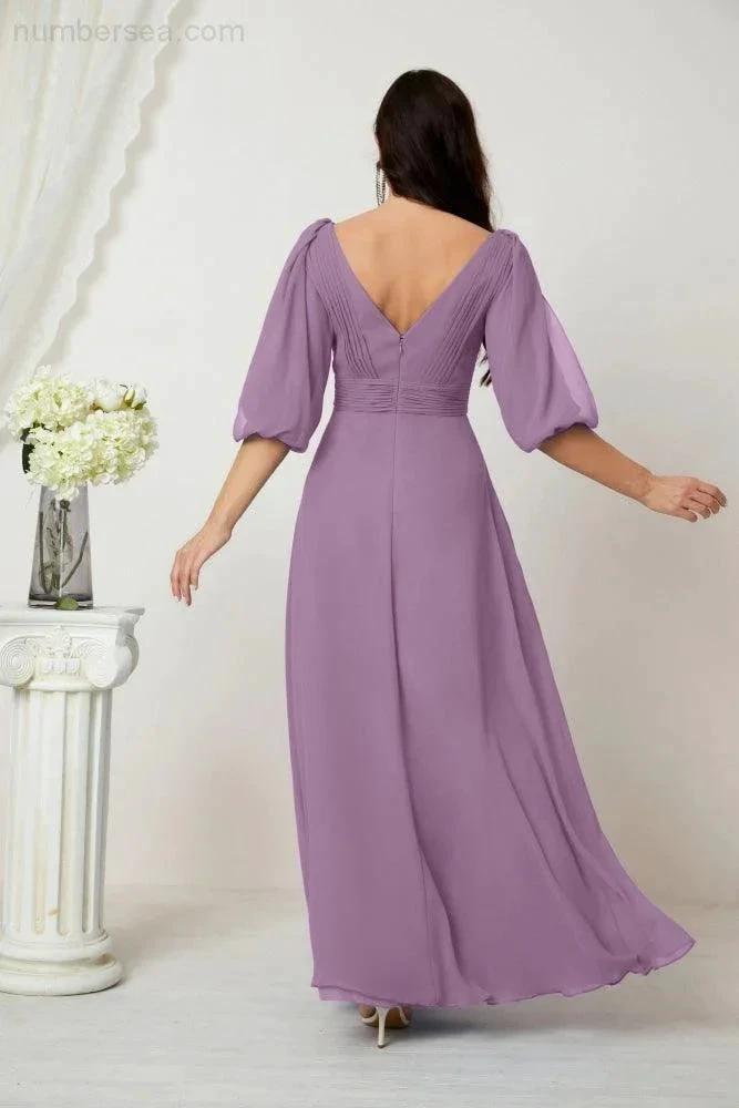 ZapDress  Formal Prom Gown Women V-Neck Chiffon Bridesmaid Dresses Long Bishop Sleeve Party Dress 2807 (ZD17027)