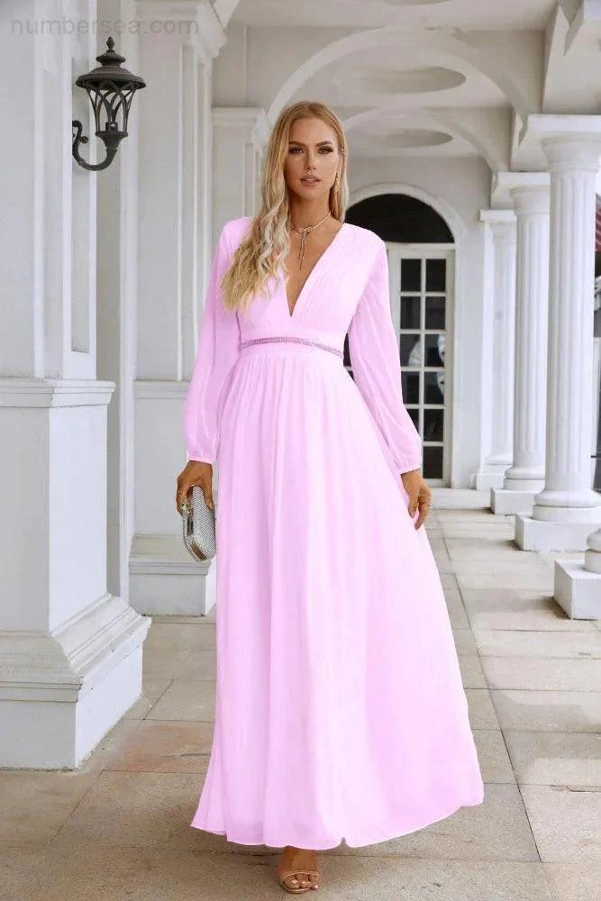 Ladies V Neck Chiffon Long Sleeve Front Slit Bridesmaid Evening Dress Wedding Party Shopping Evening Dress 28109 (ZD16991)