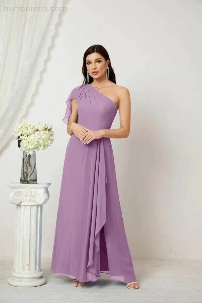 ZapDress  Chiffon Ruffled One Shoulder Long Bridesmaid Dresses A-line Formal Evening Gown Side Split 2809 (ZD17049)