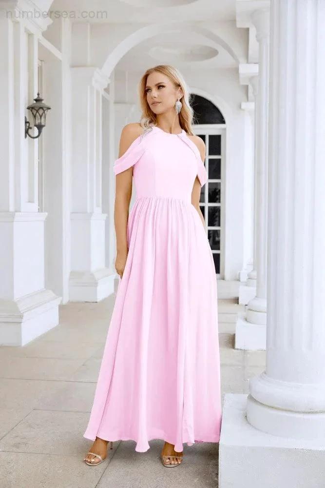 Ladies Chiffon Off Shoulder Swing Sleeve Front Slit Bridesmaid Evening Dress Wedding Party Evening Dress 28117 (ZD17011)