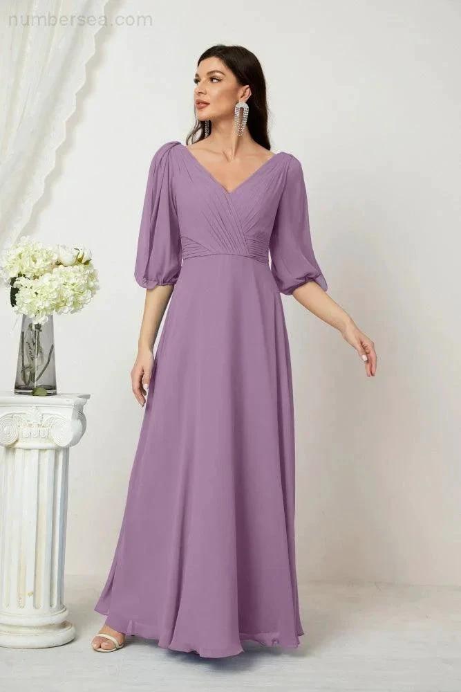 ZapDress  Formal Prom Gown Women V-Neck Chiffon Bridesmaid Dresses Long Bishop Sleeve Party Dress 2807 (ZD17027)