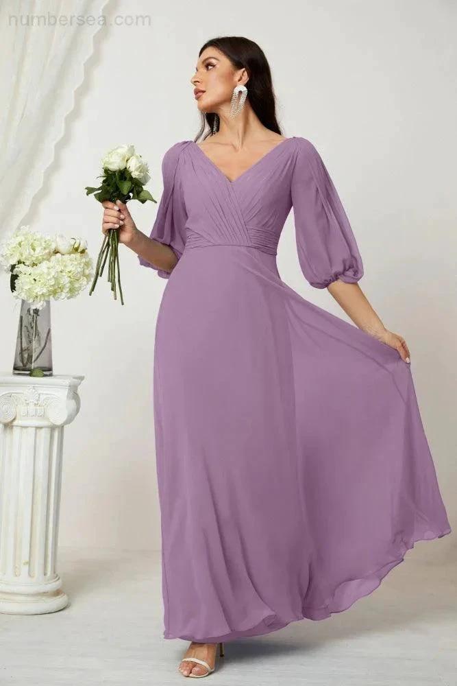 ZapDress  Formal Prom Gown Women V-Neck Chiffon Bridesmaid Dresses Long Bishop Sleeve Party Dress 2807 (ZD17027)