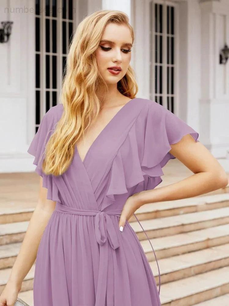 ZapDress Women's Open Back Formal Evening Party Prom Gowns V-Neck Long Chiffon Bridesmaid Dresses with Waist Belt 28038 (ZD17000)