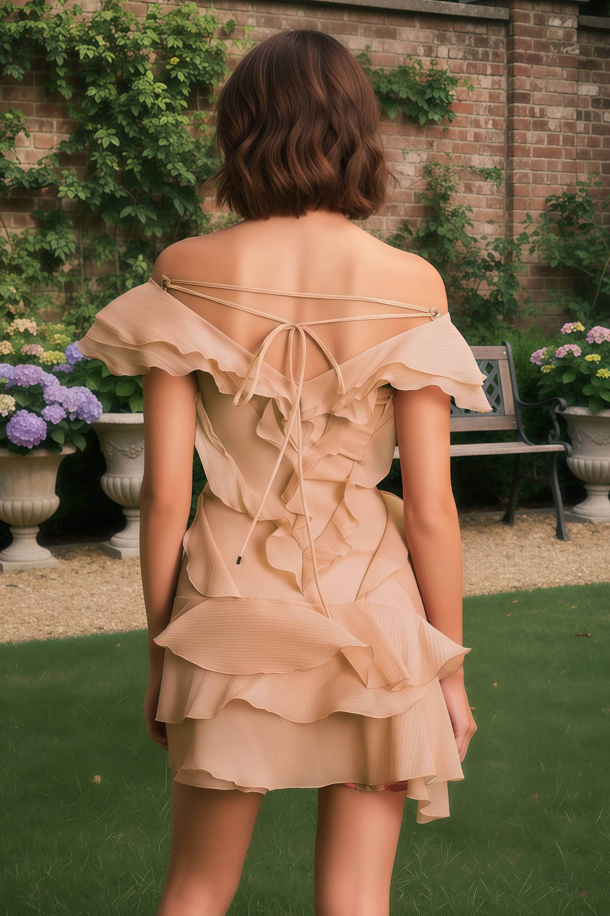 Off-the-Shoulder Mini Dress with Ruffled Layers and Lace-Up Back