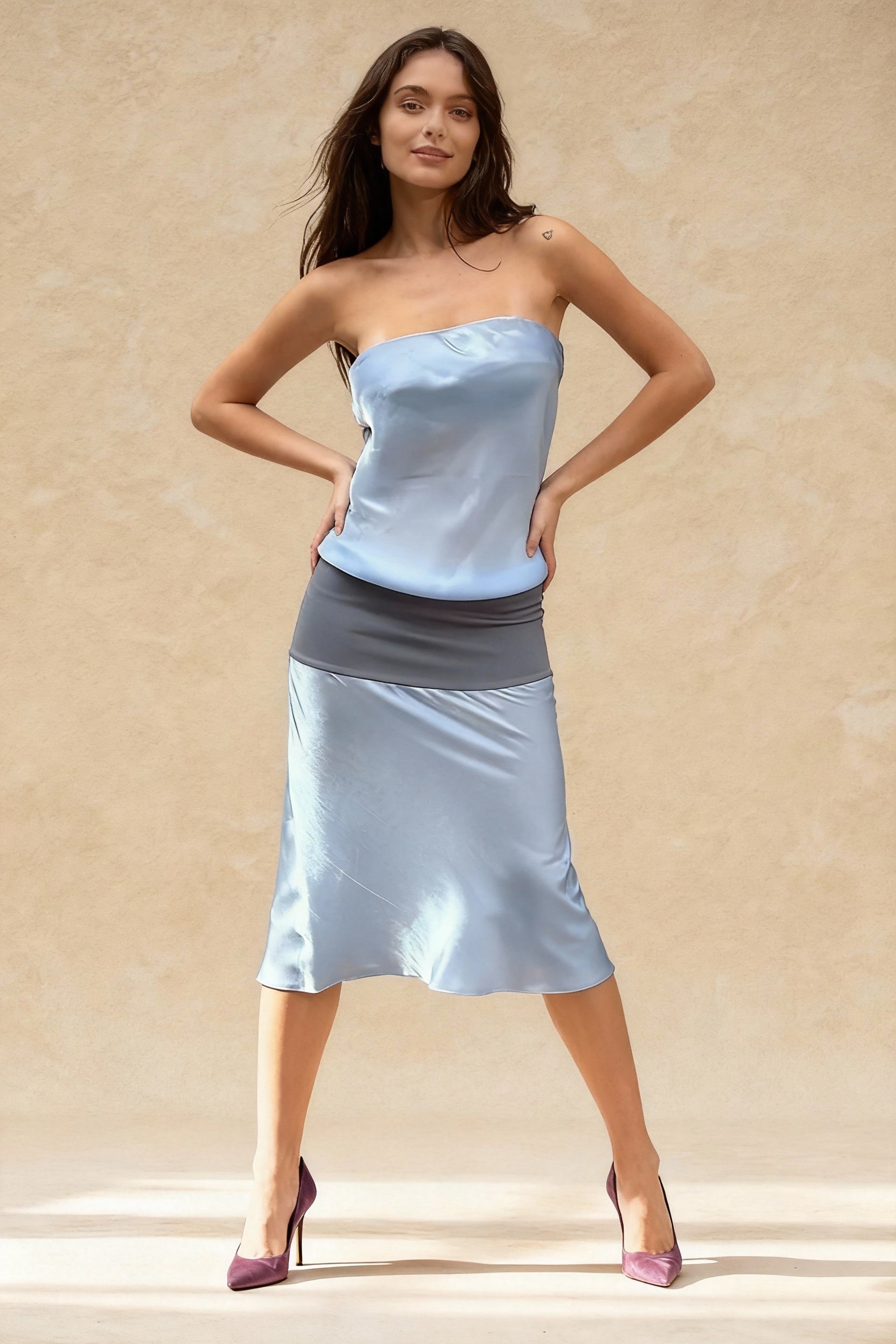 Strapless Contrast Satin Midi Dress