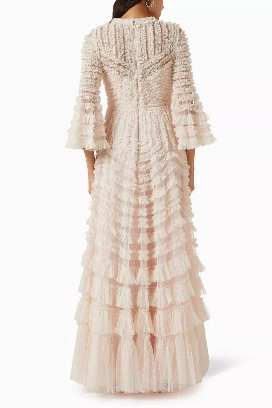 Elegant Light Pink Arabia Evening Dresses Muslim Long Flare Sleeves Tiered Floor Length Woman Gowns Prom Dresses