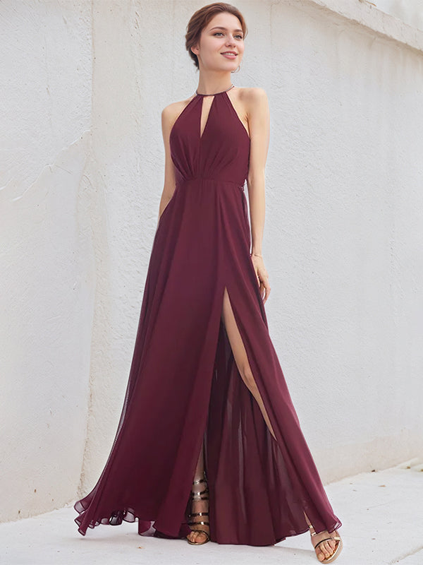 Mulberry A-Line Halter Floor-Length Chiffon Bridesmaid Dress