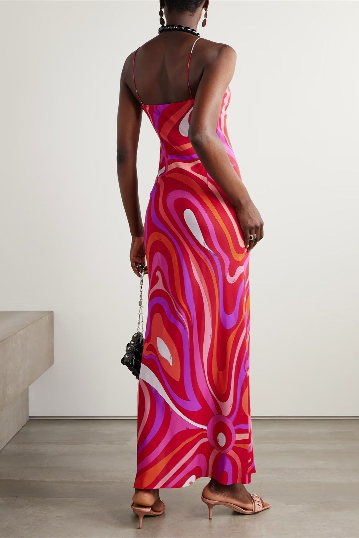 Printed Satin Cami Slit Silk Dress - View 7 | VelvetHem