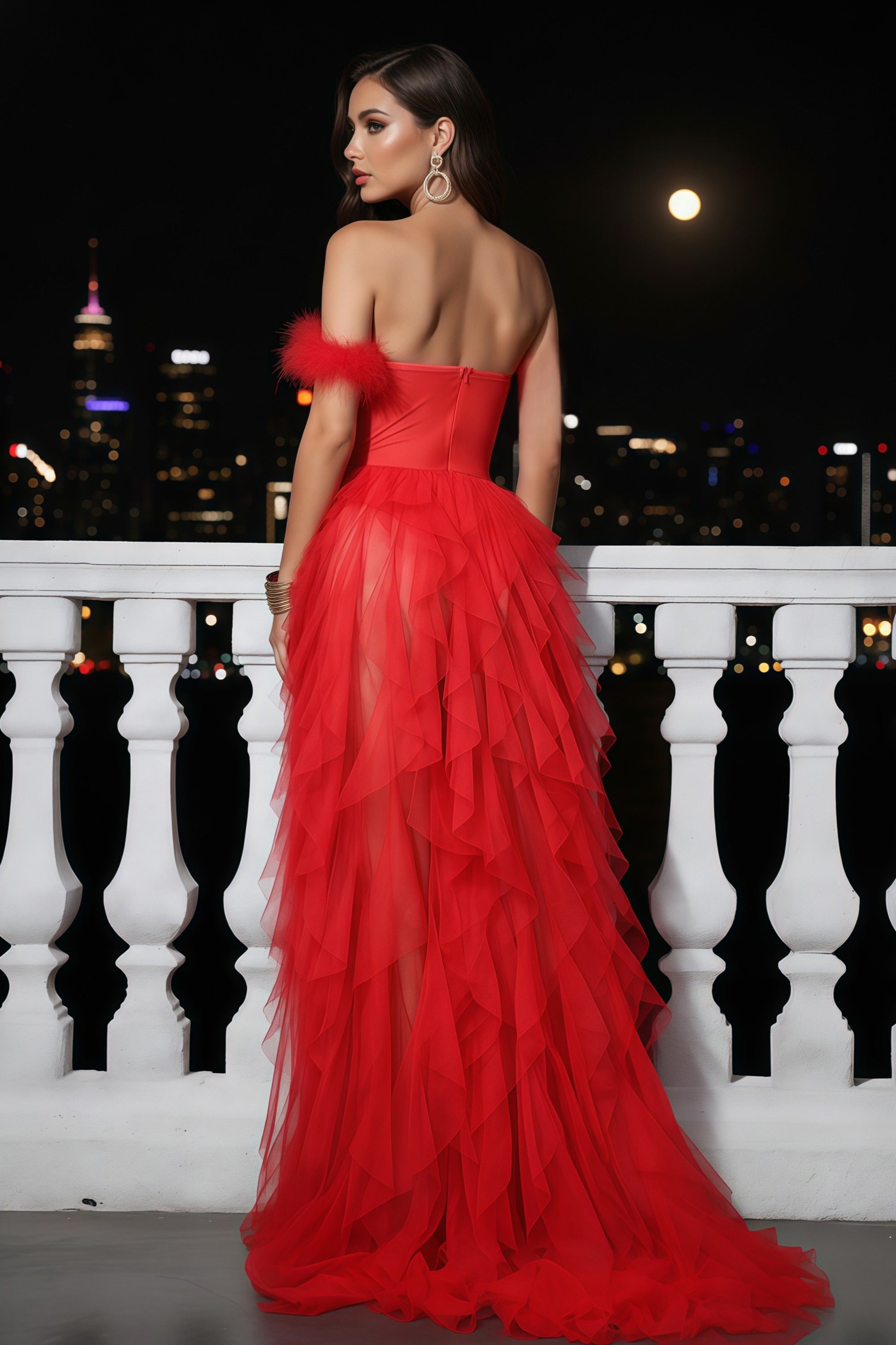 Off-Shoulder Corset Evening Gown with Tiered Ruffle Tulle Skirt