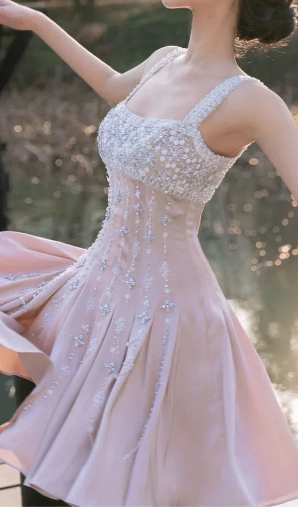 Luxury nude satin hand-beaded diamond homecoming dress (ZD12643)