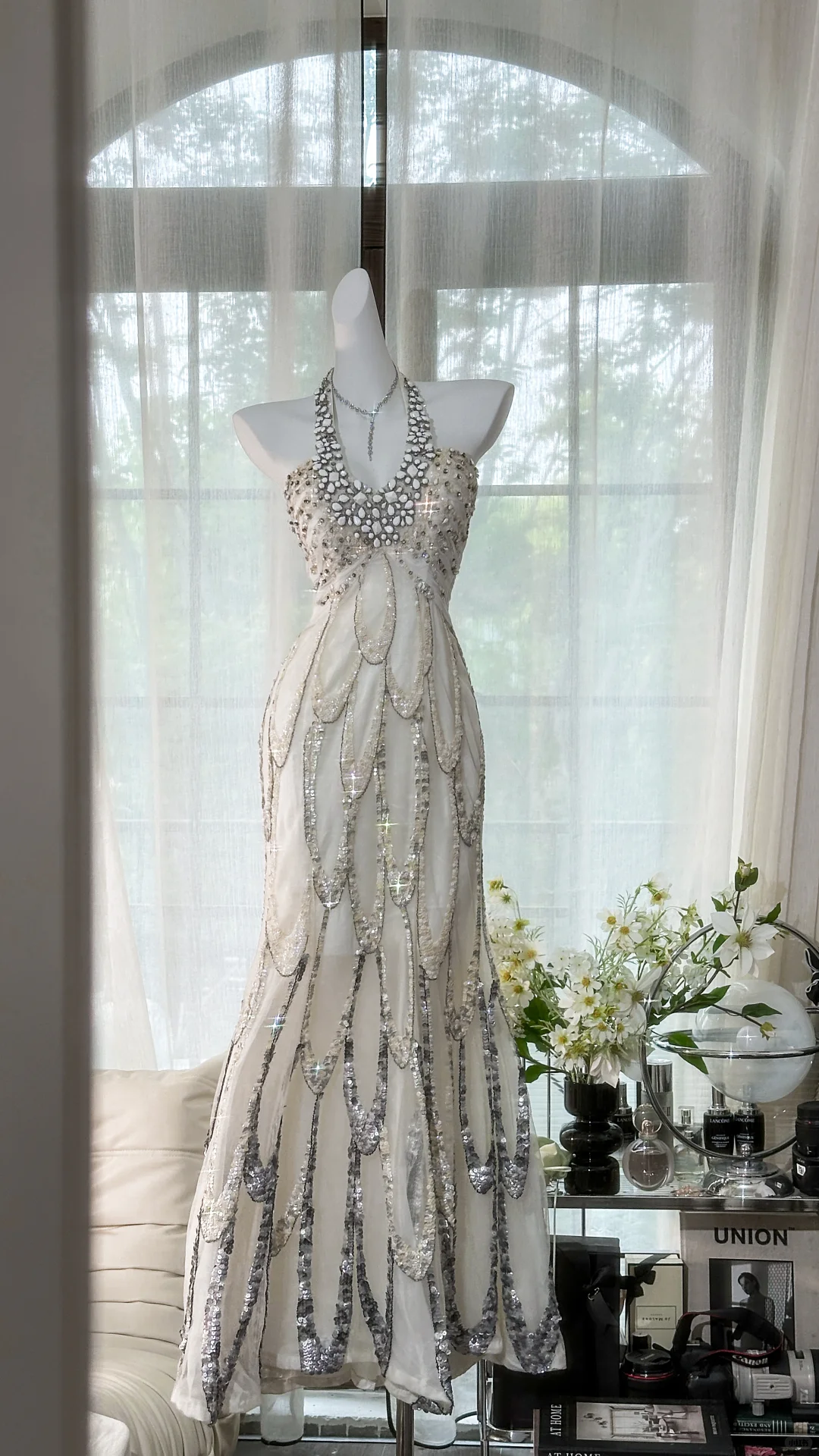 Classy Halter Chiffon Sequin Beaded Mermaid Evening Dress Long Prom Gown - FashionDia