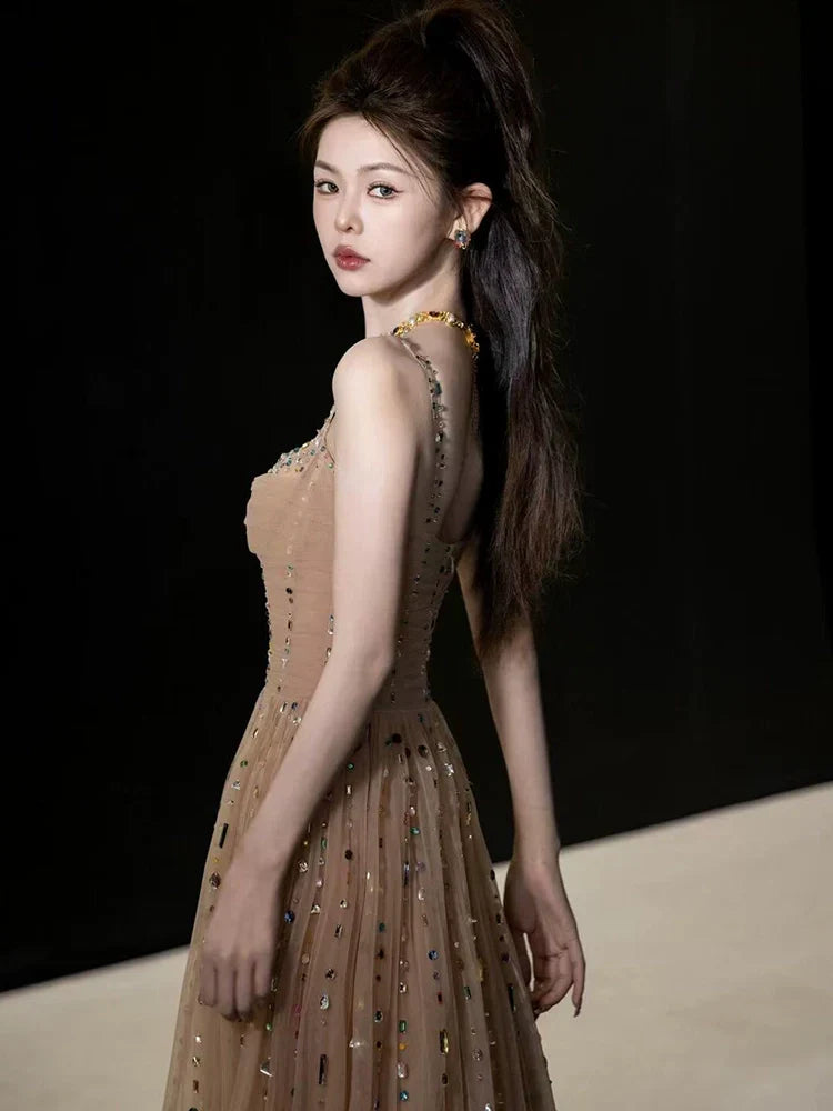 A Line Champagne Long Prom Dress Sexy Evening Dresses
