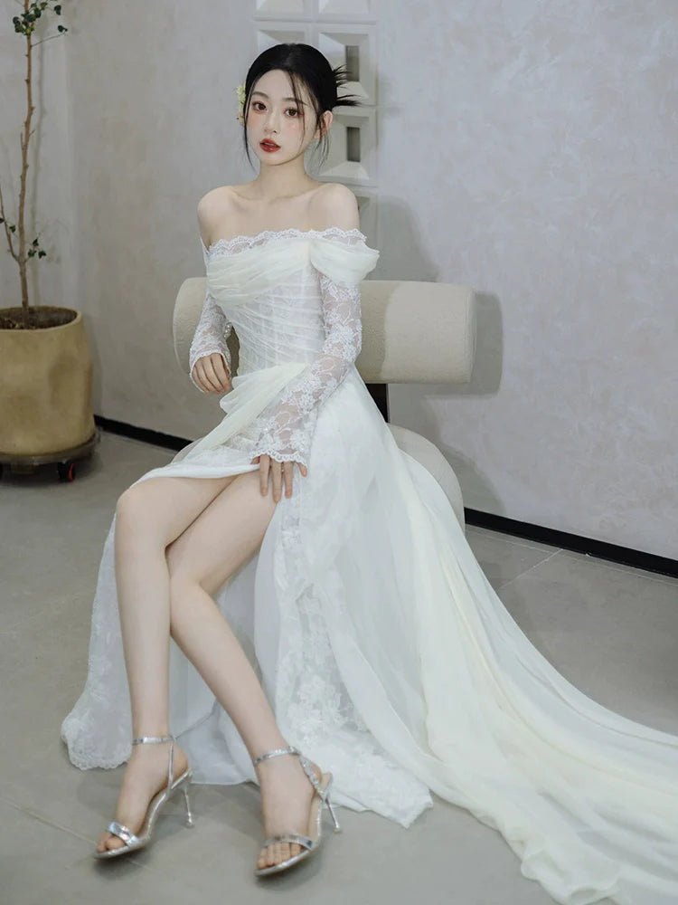 Off Shoulder Lace Long Wedding Dress Evening Party Dresses    fg7704